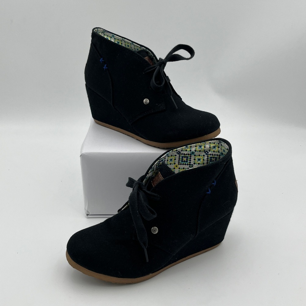Mad Love Wedge Booties Womens 7 Black Canvas Lace Up Ankle Boots Casual Comfort